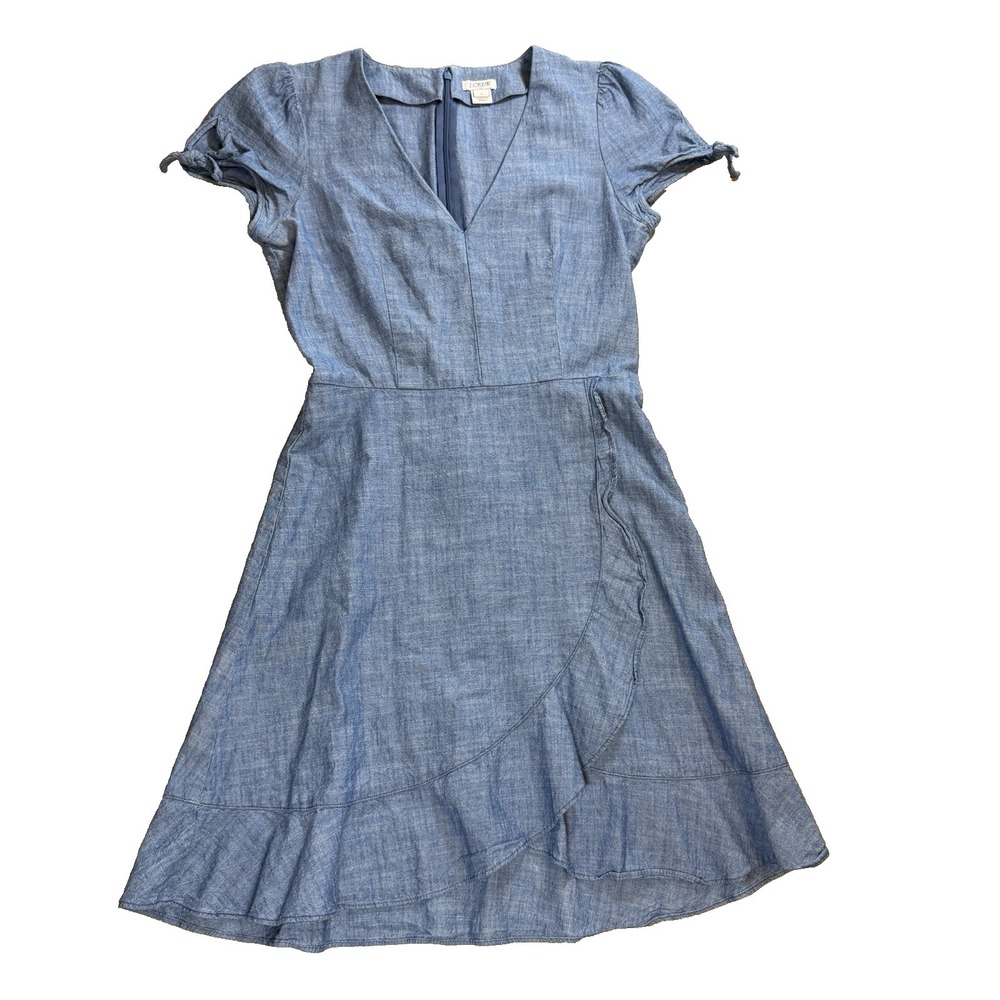 J.Crew Chambray Dress V-Neck Tie Sleeve Ruffle Hem Casual Blue Size 0 (Read)
